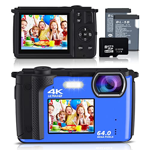 Saneen Digital Camera, 4K 64MP Cameras for Photography, 16X Zoom Vlogging Camera for YouTube with WiFi, Selfie Dual Screens Small Compact Camera with 32GB SD Card,2 Batteries for Beginners - Blue