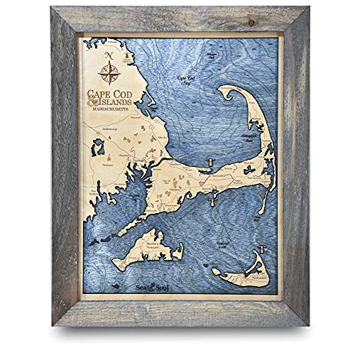 Sea & Soul Cape Cod Nautical Chart Art, Made in the USA, 3D Wood Map, 3-D Nautical Wood Chart, Wood Wall Art 13”x16”, Lake Art, Nautical Gift, Lake House Decor (Rustic Pine/Deep Blue)