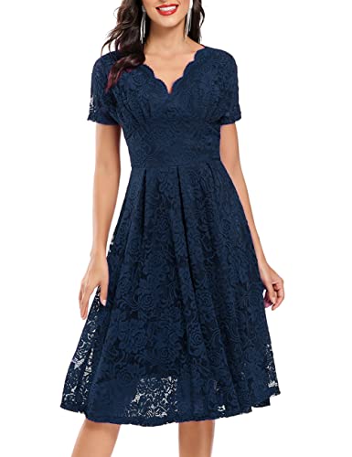 SEBOWEL Women Floral Lace V Neck Short Sleeve Formal Dress Swing A-Line Wedding Bridesmaid Cocktail Party Midi Dresses, Navy Blue, S