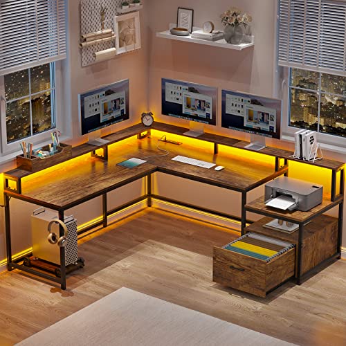 SEDETA L Shaped Desk, 66" Home Office Desk with File Drawer & Power Outlet, Gaming Desk with Led Lights, Corner Computer Desk with Monitor Shelf, Printer Storage Shelves, Two Person Desk, Rustic Brown