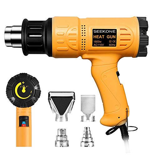 SEEKONE Heat Gun 1800W 122℉~1202℉（50℃- 650℃） Fast Heating Heavy Duty Hot Air Gun Kit Variable Temperature Control Overload Protection with 4 Nozzles for Crafts, Shrinking PVC, Stripping Paint(5.2FT)