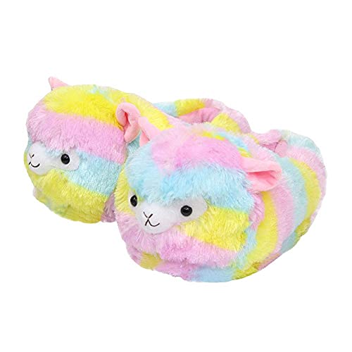 seemehappy Fuzzy Heel Cover Alpaca Slippers Cute Plush Animal Alpaca Slippers for Women Rainbow