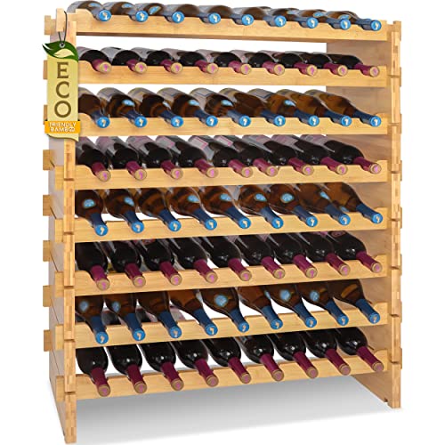 SereneLife 72 Bottle Stackable Wine Rack, 33.5" x 10" x 42" 8-Tier Large Floor Freestanding Modular Storage Display Shelf Natural Bamboo Wood Construction for Kitchen and Cellar, Brown