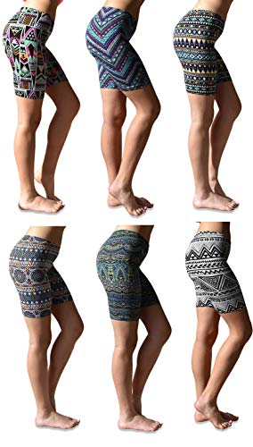 Sexy Basics Womens 6 Pack Buttery Soft Brushed Active Stretch Yoga Bike Short Boxer Briefs (6 Pack- Tribal Prints, Small)