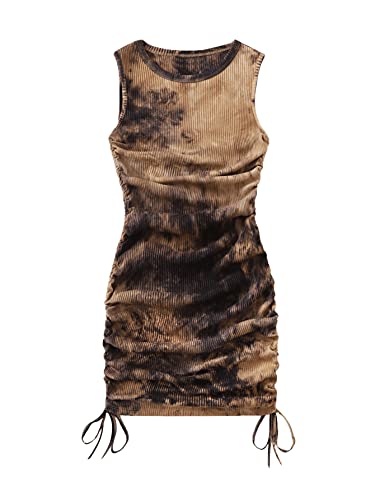 SheIn Women's Ruched Sleeveless Mini Bodycon Dress Drawstring Tie Side Round Neck Short Dresses Khaki Tie Dye Small