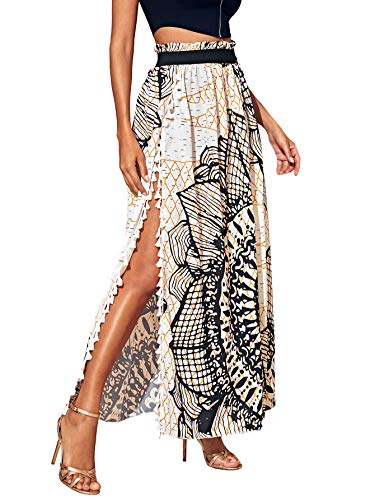 SheIn Women's Summer Boho Floral Print Fringe Split Thigh Full Length Maxi Skirt Multicolor Medium