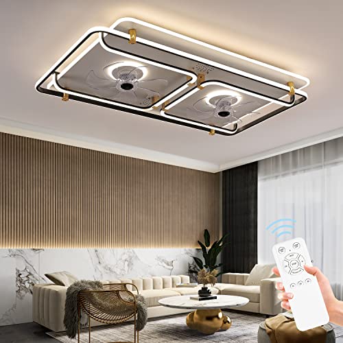 SHIHOT 43.3in Modern LED Ceiling Fans with Lights and Music Speaker, Remote Control, Dimmable Flush Mount Ceiling Light Fixtures, Dual Bladeless Fans for Living Room/Hallway/Dining Room