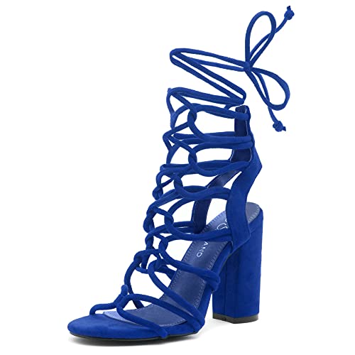 Shoe Land KYLER Women's Open Toe Lace Up Party Shoes Chunky Block Heeled Sandals RoyalBlue 8.0