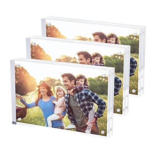 SimbaLux Magnetic Acrylic Picture Photo Frame 4x6 inches (3 Pack), Clear Glass Like, Double Sided Frameless Desktop Floating Display, Free Standing, Easy to Change