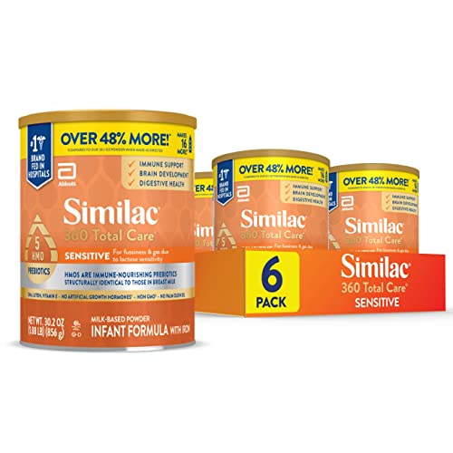 Similac 360 Total Care Sensitive Infant Formula, with 5 HMO Prebiotics, for Fussiness & Gas Due to Lactose Sensitivity, Non-GMO, Baby Formula Powder, 30.2-oz Can (Case of 6)