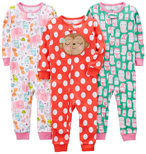 Simple Joys by Carter's Baby Girls' Snug-Fit Footless Cotton Pajamas, Pack of 3, Red/Pink/Green, Monkey, 12 Months