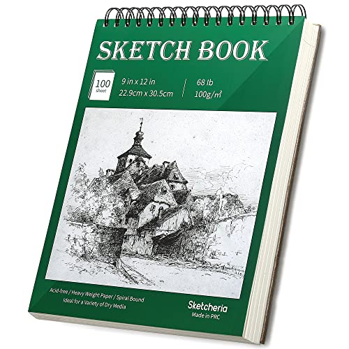 SKETCHERIA 9’’X12’’ Heavy-Weight Sketch Book (68lb/100g), 100 Sheets Acid Free Sketch Pad, Top Spiral Bound Drawing Paper for Artist, Kids, Drawing Pad for Marker, Colored Pencil, Charcoal, Pastels