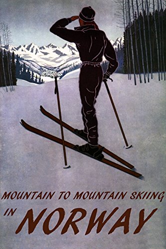 SKI Skiing Downhill Mountain to Mountain in Norway European Winter Sport Travel 12" X 16" Paper Vintage Poster REPRO