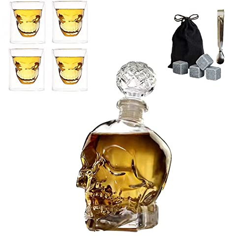 Skull Whiskey Decanter Set WEIRUIFANZHI 1 Glass Skull Skeleton Wine Bottle 25OZ & 4 Skull Glasses 2.5OZ & 4 Granite Whiskey Ice Wine Stones & 1 Ice Clip for Brandy,Vodka,Gifts,Bar and Party Decoration