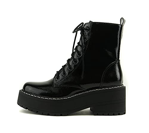 Soda FLING Women Chunky Lug Sole Lace up Fashion Combat Ankle Boot w/Side Zipper (BLACK PATENT, numeric_7)