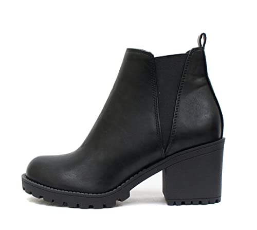 Soda ORIGAMI ~ WOMEN LUG SOLE MID HEEL FASHION ANKLE BOOTIE W/DOUBLE ELASTIC GORE (8, Black, numeric_8)