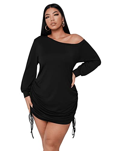 SOLY HUX Women's Plus Size Off Shoulder Long Sleeve Drawstring Side Short Dress Black 2XL