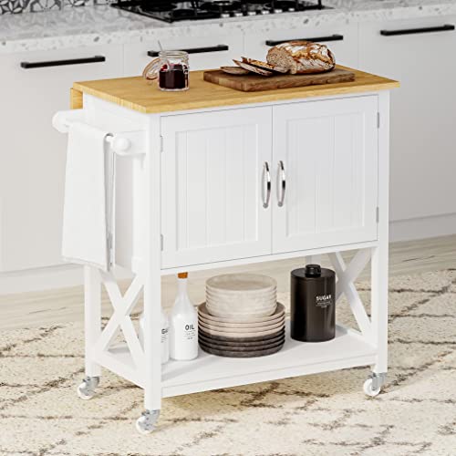 Spirich Home Kitchen Island on Wheels, Rolling Kitchen Cart with Storage Cabinet, Small Kitchen Island with Drop Leaf and Towel Rack for Dining Room, White