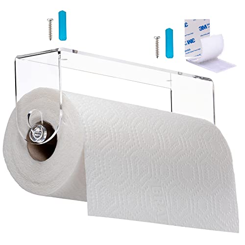 Srenta Clear Acrylic Paper Towel Holder Wall Mount Paper Towel Holder Under Cabinet, Wall Mounted Undermount Hanging Paper Towels Holder Dispenser, Holds Jumbo Rolls, Adhesive Strips & Screws Included