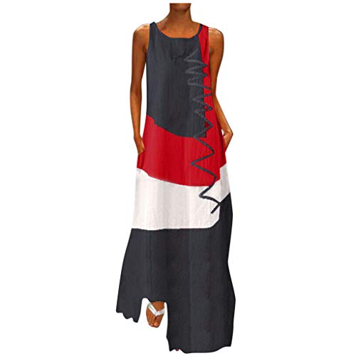 SSDXY Dress for Women Vintage Boho Patchwork Print Daily Casual Sleeveless V Neck Long Maxi Dress Plus Size