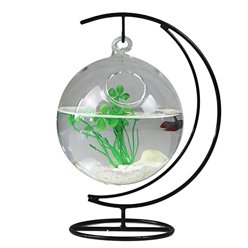 STOYRB Desktop Hanging Glass Fish Tank Mini Table Aquarium Glass Betta Fish Bowl Clear Fish Cylinder Bowl with Iron Stand for Office Home Decor, 1 Fish Bowl, Transparent