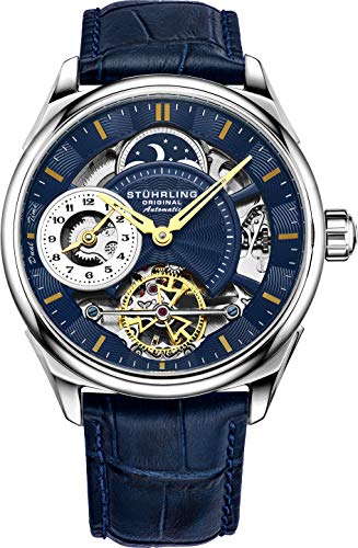 Stuhrling Mens Automatic Dress Watch Stainless Steel with Automatic Skeleton Mechanical Movement Duel Time Sub-Dial and AM/PM Indicator and Alligator Embossed Leather Strap