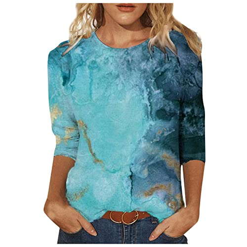 Summer 3/4 Sleeve Shirt Landscape Painting Pattern Top for Womens Three Quarter Sleeve Pullover Round Neck Tee… Blue