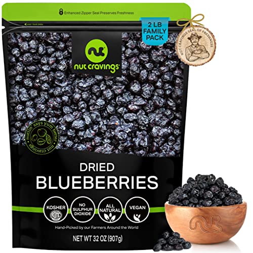 Sun Dried Blueberries, Lightly Sweetened (32oz - 2 LB) Packed Fresh in Resealable Bag - Sweet Fruit Snack Treat - Healthy Food, All Natural, Vegan, Kosher Certified