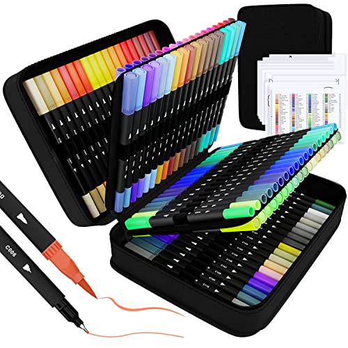 sunacme Art Supplier Dual Brush Markers Pen, 110 Artist Coloring Marker Set, Fineliner & Brush Tip Pens with Premium Case for Adults Coloring Books & Kids Journal, Drawing, Doodling