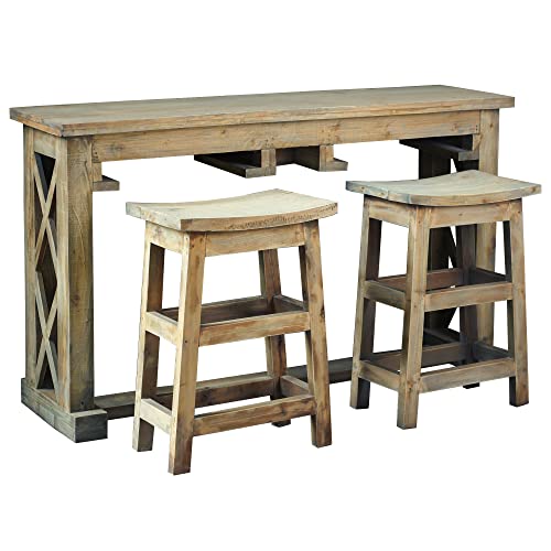 Sunset Trading Cottage 60" Rectangular Narrow Counter Height 3 Piece Dining Table Set | Sofa Console with 2 Saddle Stools | Fully Assembled Home Bar, Driftwood Brown, Small Kitchen Table Set