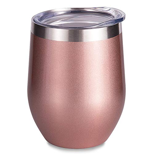 SUNWILL Insulated Wine Tumbler with Lid Rose Gold, Double Wall Stainless Steel Stemless Insulated Wine Glass 12oz, Durable Insulated Coffee Mug, for Champaign, Cocktail, Beer, Office