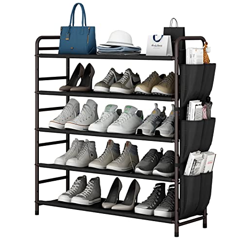 SUOERNUO Shoe Rack Storage Organizer 5 Tier Free Standing Metal Shoe Shelf Shoe Organizer with Side 6 Shoes Pockets for Entryway Closet Bedroom,Bronze