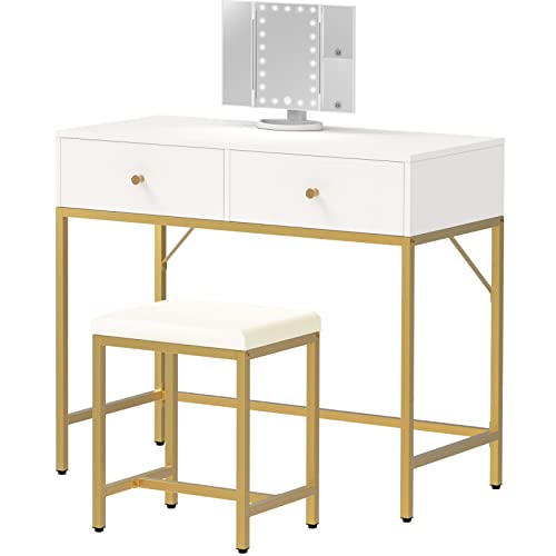 SUPERJARE Vanity Desk, Makeup Vanity with Stool & Tri-fold Lighted Mirror, Vanity Table Set with 2 Large Drawers - White and Gold