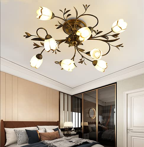 SUSUO Farmhouse Ceiling Light Semi Flush Mount Fixture, 8 Lights Retro Bronze Iron Art Flowers Chandelier for Bedroom Living Room Dining Room, 31.5" Wide