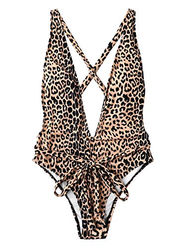 SweatyRocks Women's Sexy Bathing Suits Criss Cross Tie Knot Front Deep V Open Back Leopard One Piece Swimwear Multi L