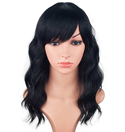 SYMEIW Medium Long Black Wavy Wigs For Women Synthetic Full Hair Natural Black Wigs With Side Bangs For Daily Use 16 Inches (NATURAL BLACK(1#))