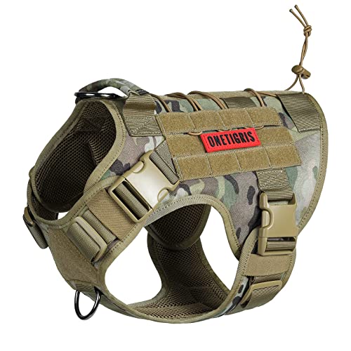 Tactical Dog Harness Vest with Handle, Military Dog Harness for Large Medium Dogs,No-Pull Service Dog Vest with Hook & Loop Panels,Adjustable Dog Vest Harness for Walking Hiking Training（Camo）