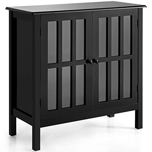 Tangkula Sideboard Buffet Storage Cabinet, Kitchen Storage Cabinet with 2 Glass Doors, Liquor Cabinet for Home Kitchen Dining Room, Cupboard Console Table, Curio Cabinet (Black)