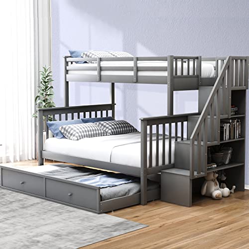 Tatub Bunk Bed Twin Over Full with Trundle and Staircase, Solid Pine Wood Bunk Bed Frame with Storage Stairs and Open Shelves for Kids Teens, No Spring Box Needed, Grey