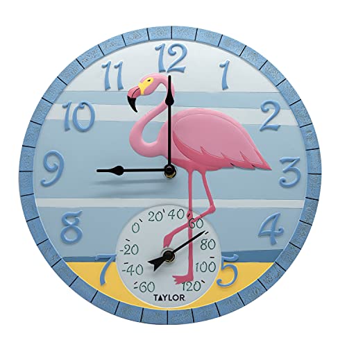 Taylor Precision Products, Flamingo Poly Resin Indoor and Outdoor Clock and Thermometer, 14 Inch, Multi-Color