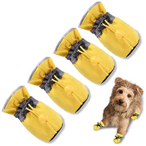 TEOZZO Dog Boots & Paw Protector, Anti-Slip Sole Winter Snow Dog Booties with Reflective Straps Dog Shoes for Small Medium Dogs 4PCS Yellow 5