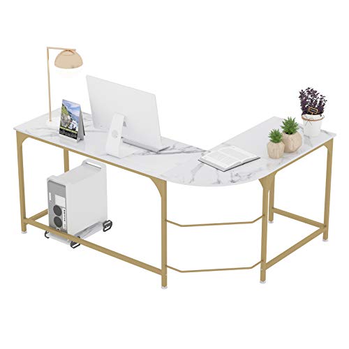 Teraves Reversible L-Shaped Desk Corner Gaming Computer Desk Office Workstation Modern Home Study Writing Wooden Table (Large, White Marbling+ Gold Frame)