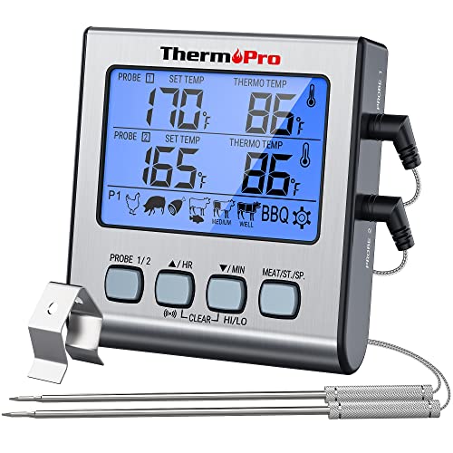 ThermoPro TP-17 Dual Probe Digital Cooking Meat Thermometer Large LCD Backlight Food Grill Thermometer with Timer Mode for Smoker Kitchen Oven BBQ, Silver