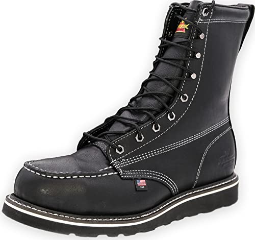 Thorogood American Heritage 8” Steel Toe Work Boots for Men - Full-Grain Leather with Moc Toe, Slip-Resistant Wedge Outsole, and Comfort Insole; EH Rated, Black - 10 2E US