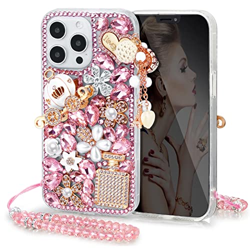 Threesee for iPhone 14 Pro Max Bling Case,3D Cute Diamond Glitter Sparkle Crystal Rhinestone Women Girls Pumpkin Car Love Pendant Clear Bumper Protective Cover for iPhone 14 Pro Max 6.7 inch,Pink