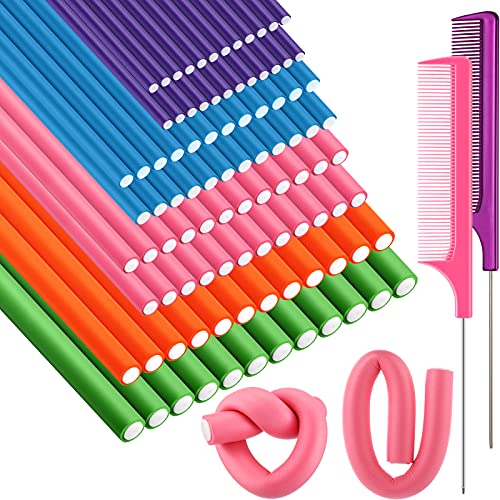 Tigeen 96 Pieces Flexible Curling Rods 9.45 Inch Soft Twist Foam Hair Curling Rollers No Heat Hair Rods Rollers with 2 Pieces Rat Tail Comb (Multi Color, 0.3 In, 0.47 In, 0.63 In, 0.71 In, 0.79 In)