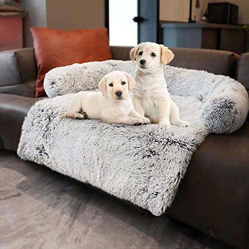 Tinaco Luxurious Calming Dogs/Cats Bed Mats, Washable Removable Couch Cover, Plush Long Fur Mat for Pets, Waterproof Lining, Perfect for Small, Medium and Large Dogs and Cats (Gradient Gray, L)