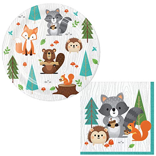 TLP Online Woodland Animals Themed Dessert Party Supply Pack for 24 People | Bundle Includes Dessert / Snack Plates and Napkins | Wild One Woodland Animals Design