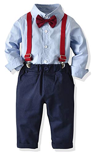 Toddler Dress Suit Baby Boys Clothes Sets Bowtie Shirts + Suspenders Pants 3pcs Gentleman Outfits Suits 6Month - 6Years (Blue003, 18-24M)