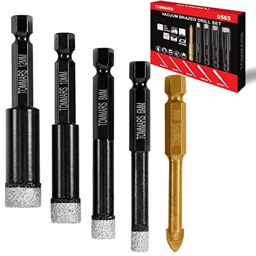 TOMMARS Diamond Drill Bits Set 5 Piece Diamond Hole Saw for Tile Ceramic Marble Granite Ceramic Porcelain 1/4, 5/16, 3/8, 1/2 inch